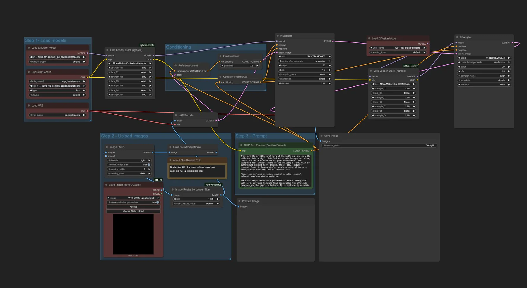 ComfyUI node graph for a local architectural image workflow