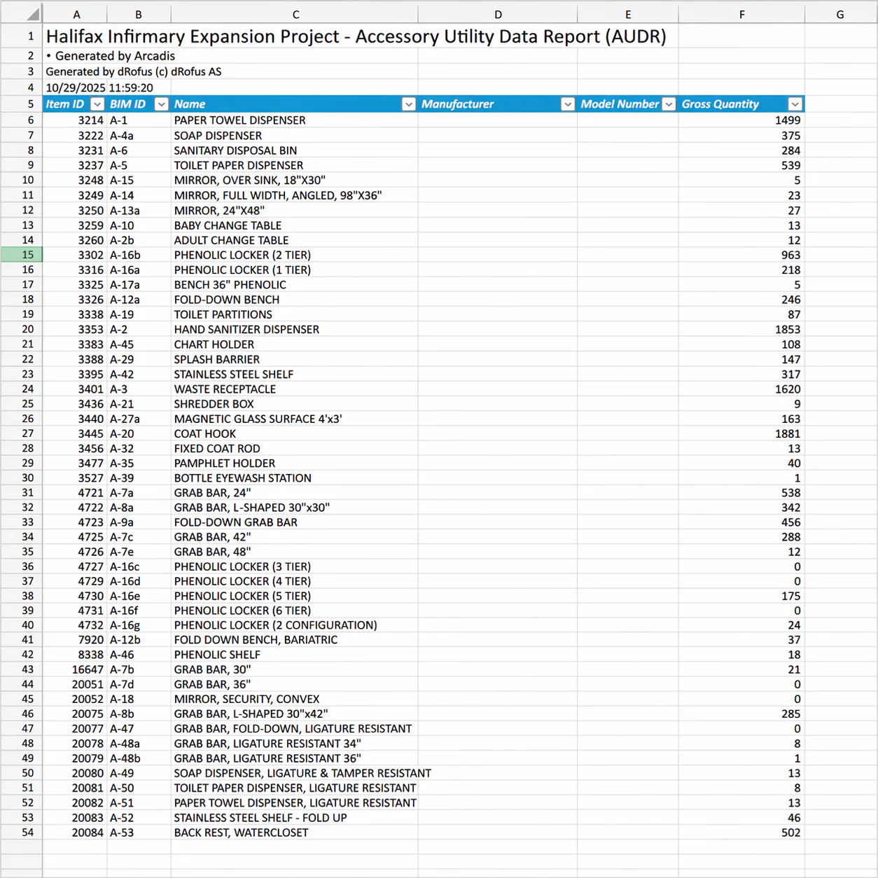 Accessory Utility Data Report spreadsheet screenshot