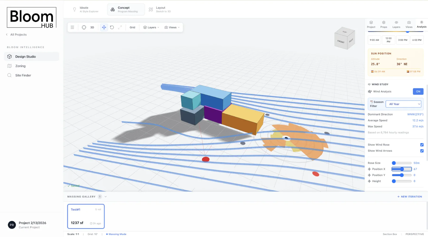 Bloom Hub massing workspace with site analysis overlays