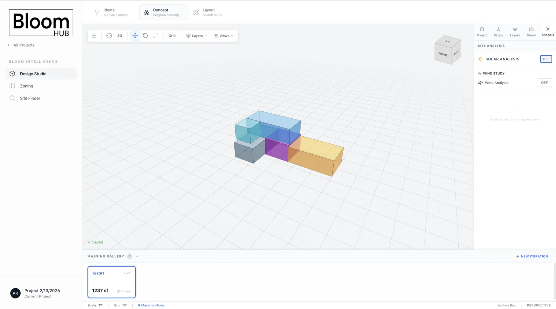 Bloom Hub concept massing workspace