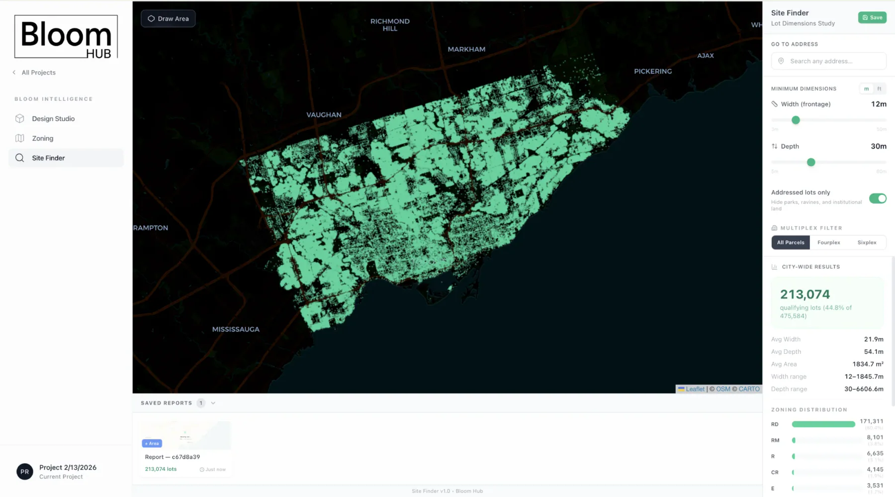Bloom Hub site finder heatmap over Toronto parcels