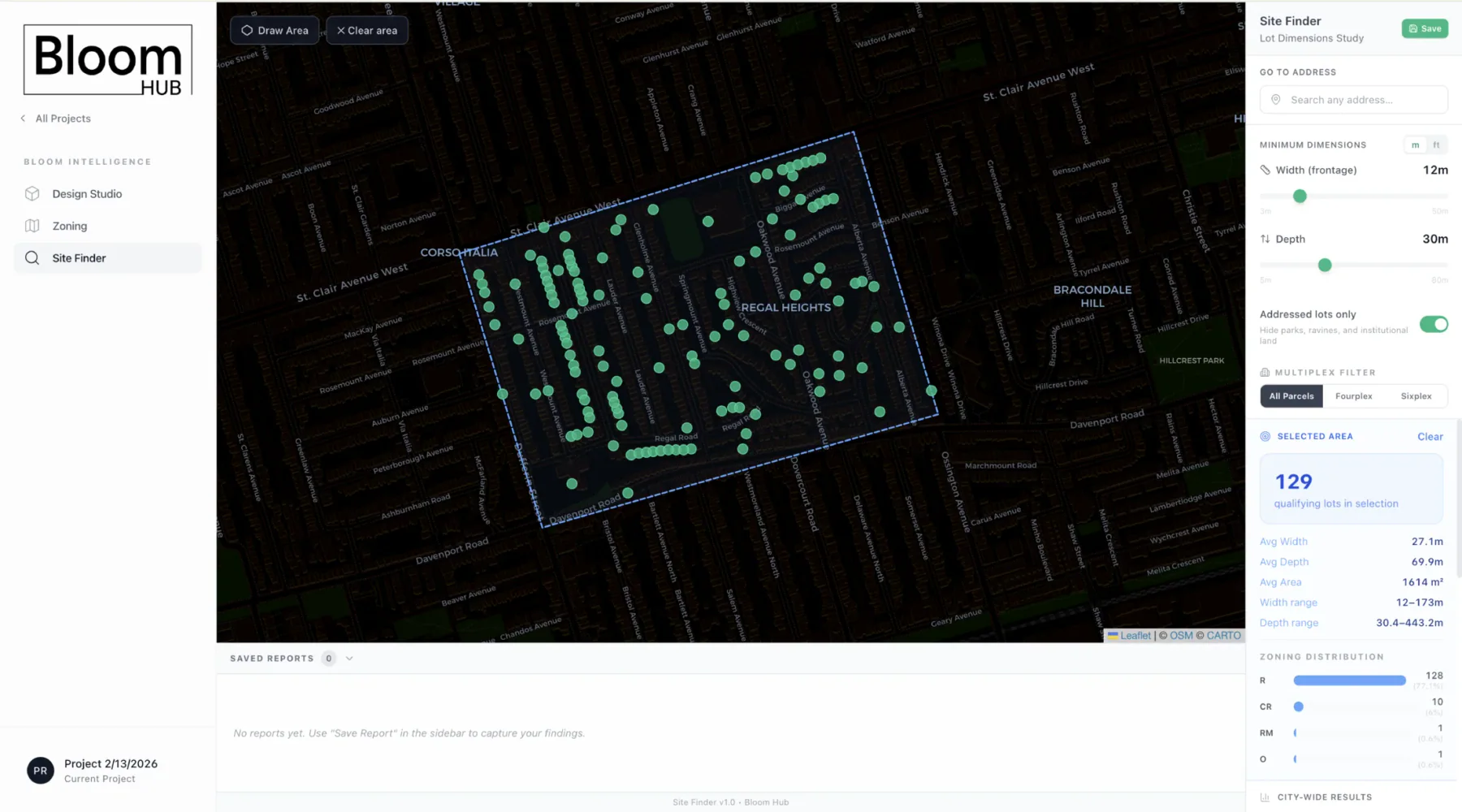 Bloom Hub selected-area site finder analysis