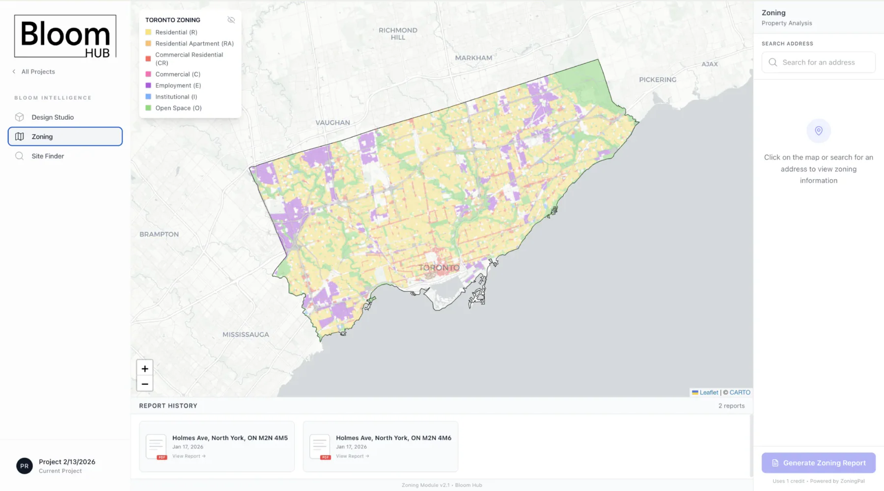 Bloom Hub zoning map and report generation interface