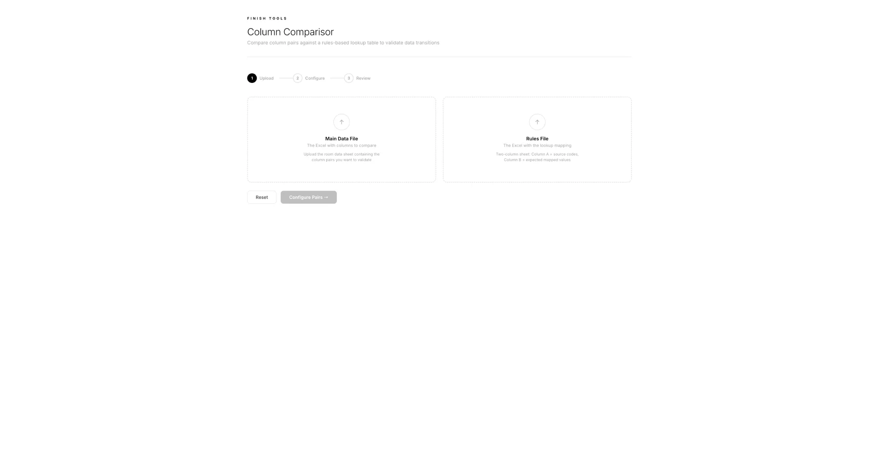 Column Comparisor upload screen before files are selected