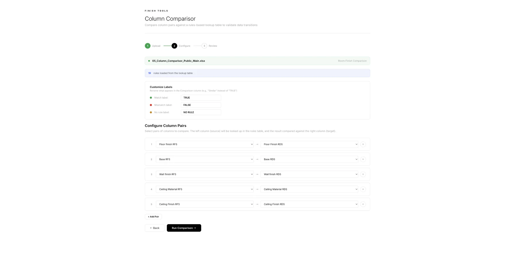 Column Comparisor configure column pairs screen
