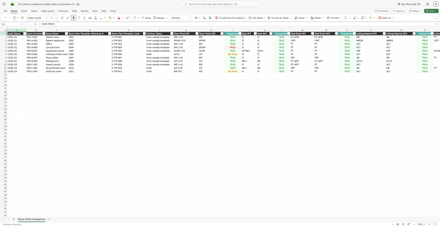 Exported Column Comparisor workbook in Excel