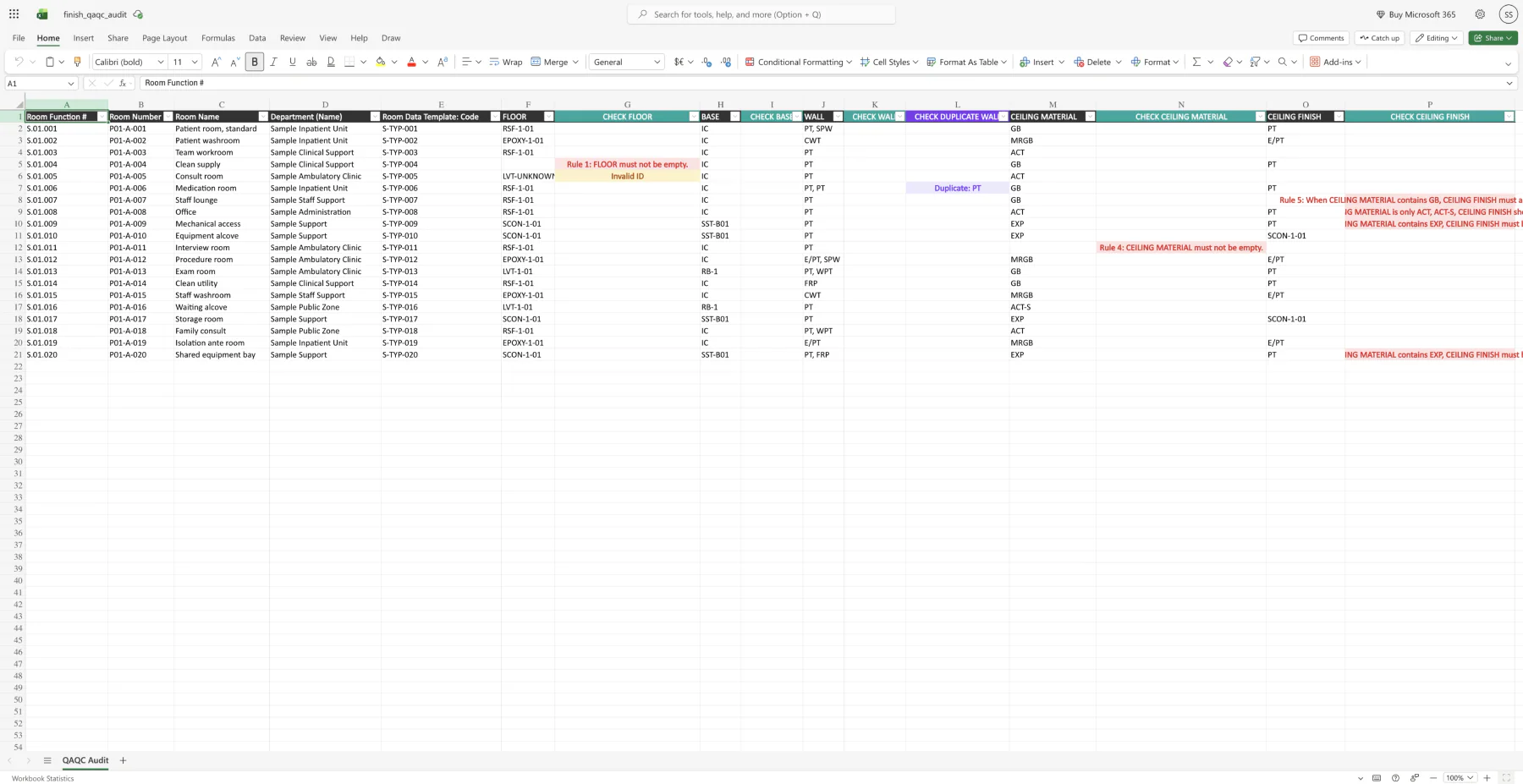 Exported Finish QAQC audit report in Excel