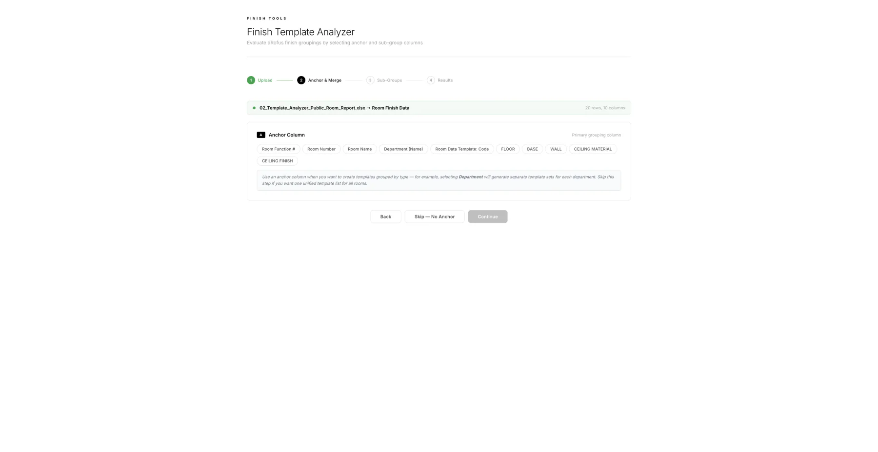 Finish Template Analyzer column mapping screen