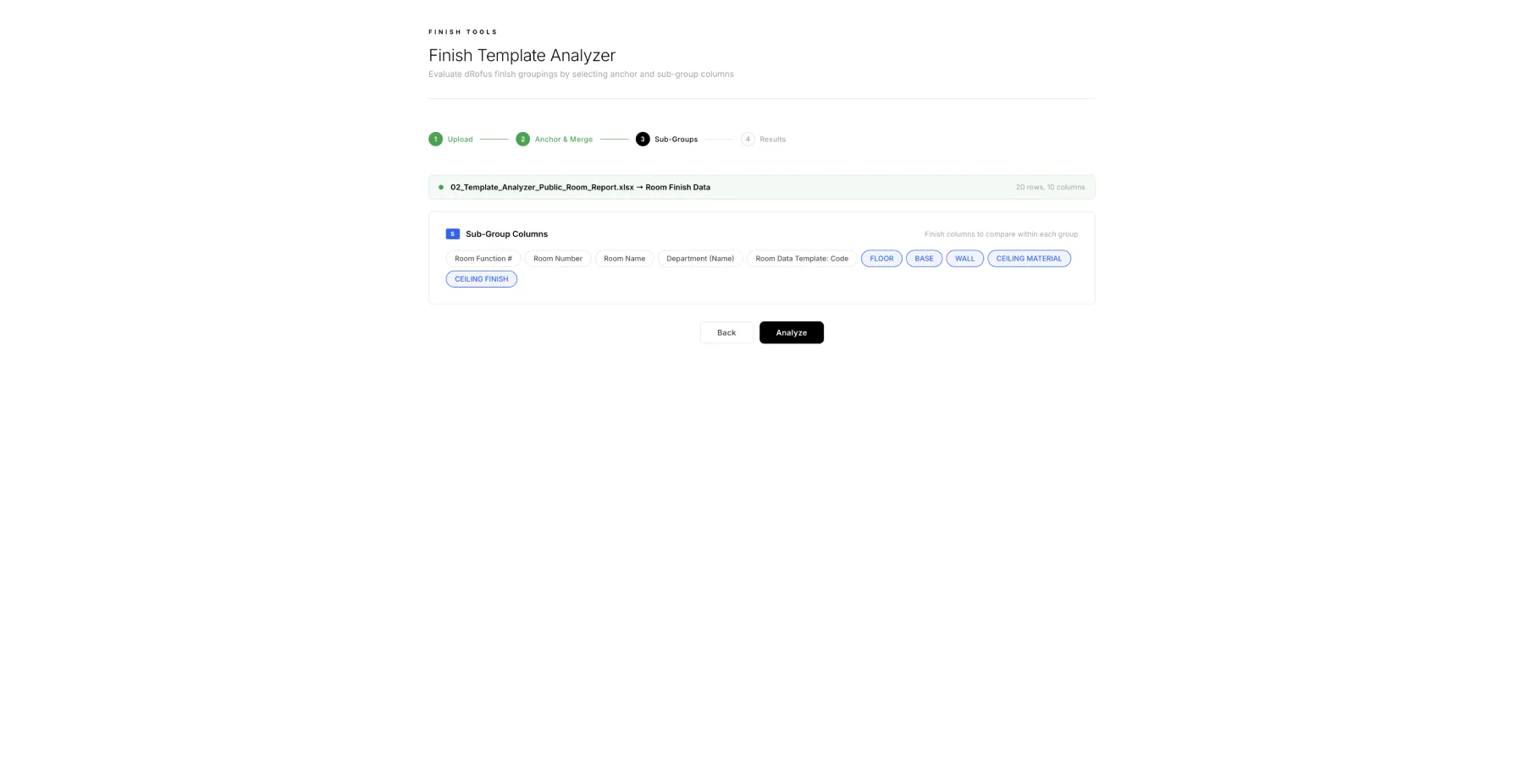 Finish Template Analyzer grouping setup screen