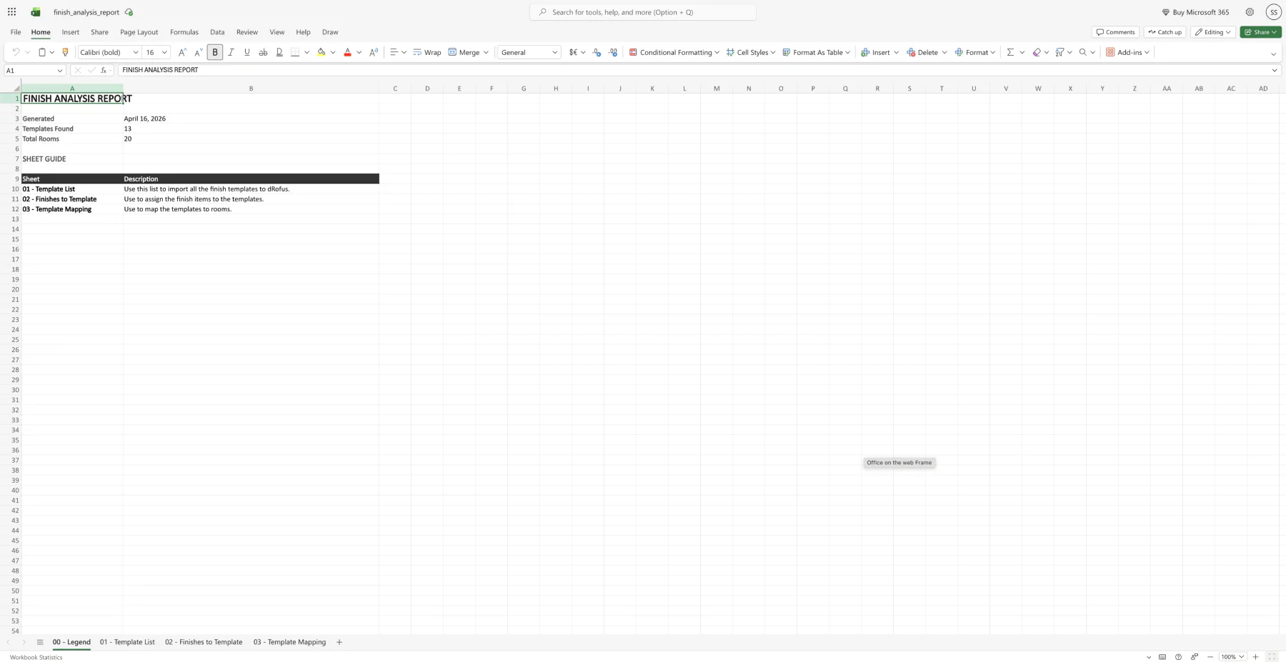 Exported Finish Template Analyzer summary sheet
