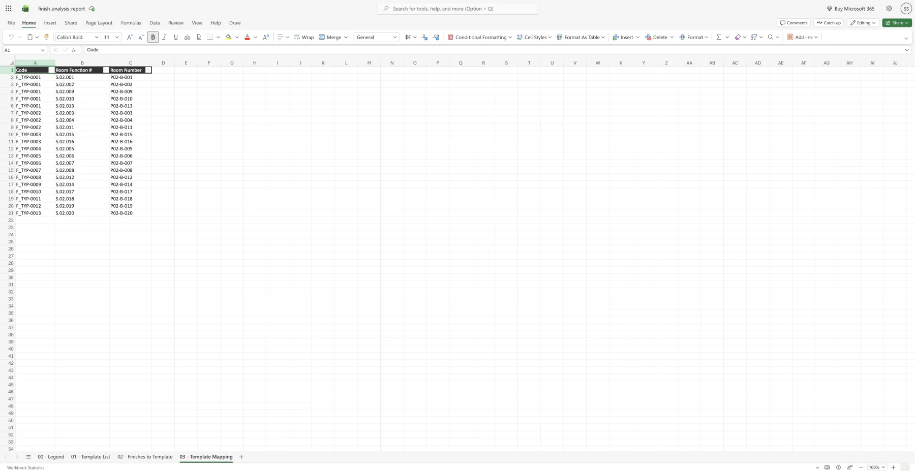 Exported Finish Template Analyzer raw room data sheet