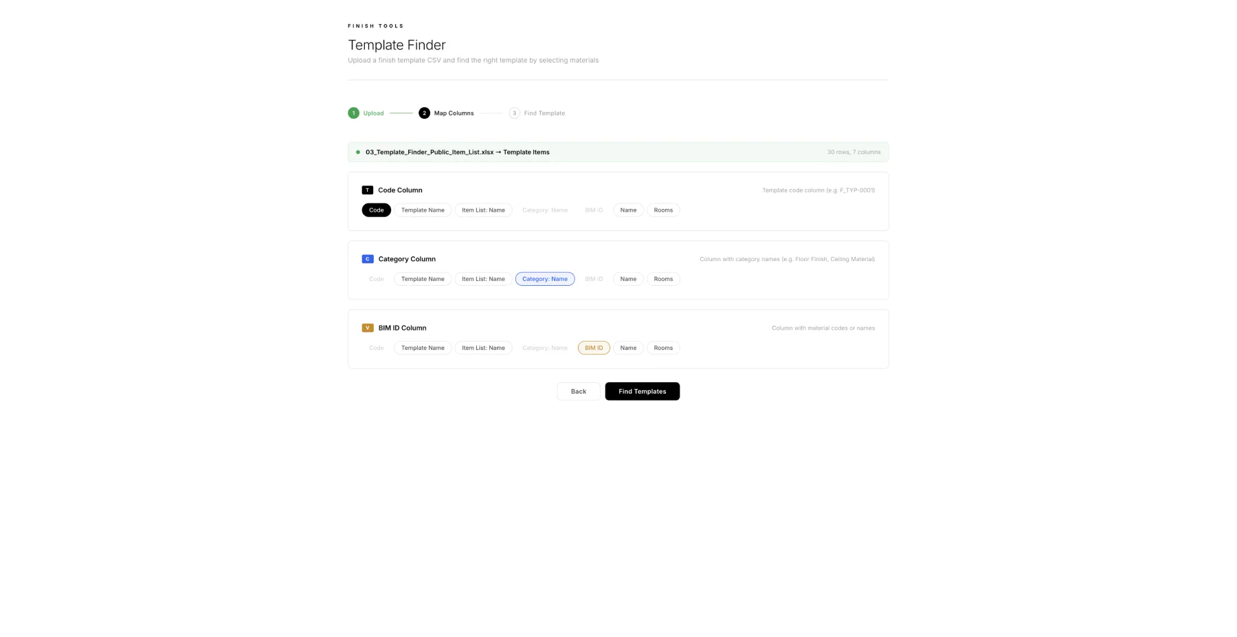 Template Finder column selection screen