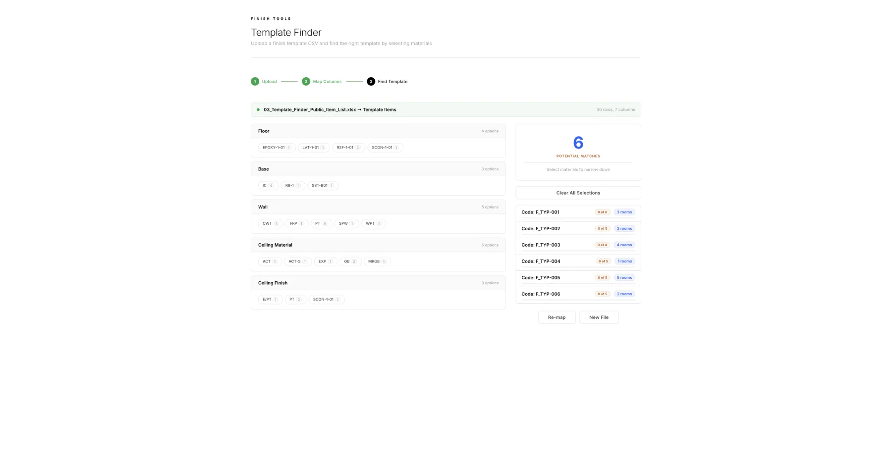 Template Finder showing all available material options