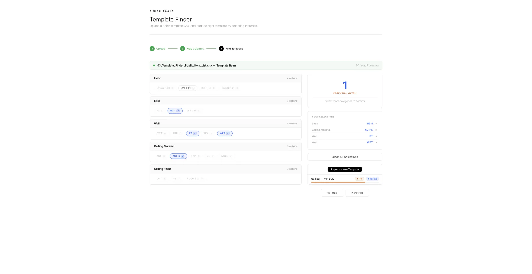 Template Finder filtered to one matching template