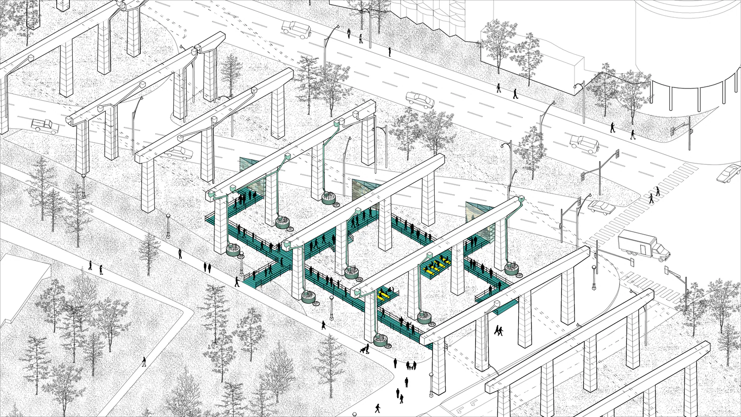 Axonometric drawing of Staging Grounds at the Bentway