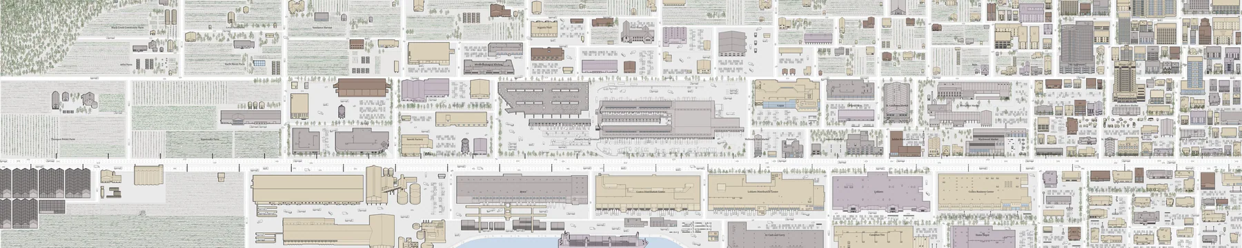 The Colored Network Drawing — the original line-drawing catalog from Chapter 1, now brought to life with color through real buildings visited, interviews conducted, and infrastructures verified during the thesis research