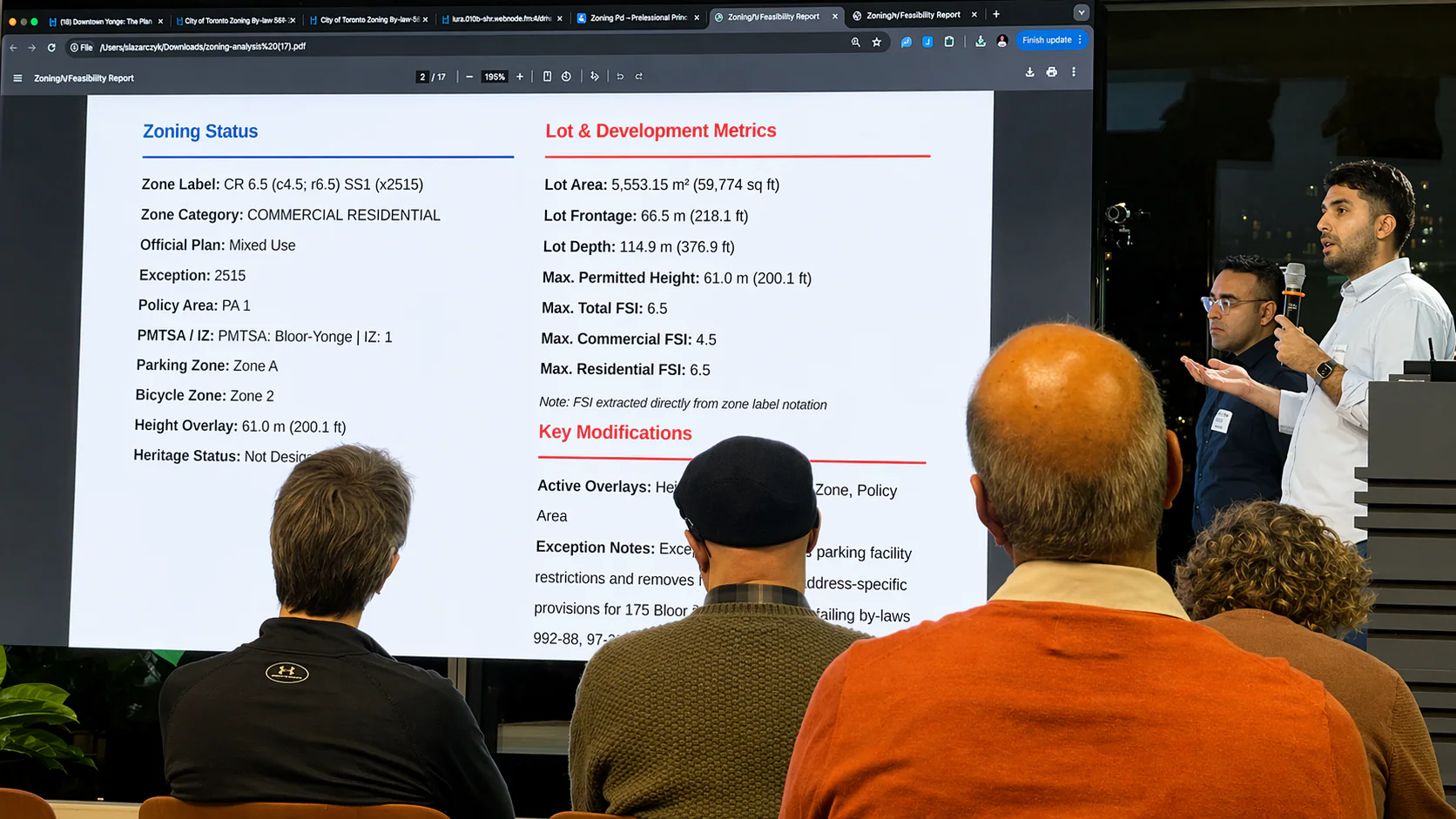 Close-up of ZoningPal report output during the AI Tinkerers Toronto presentation