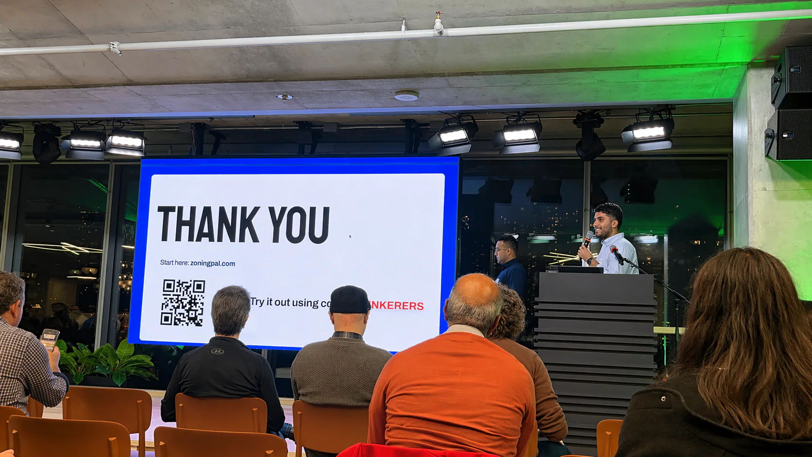 ZoningPal thank-you slide with QR code at AI Tinkerers Toronto